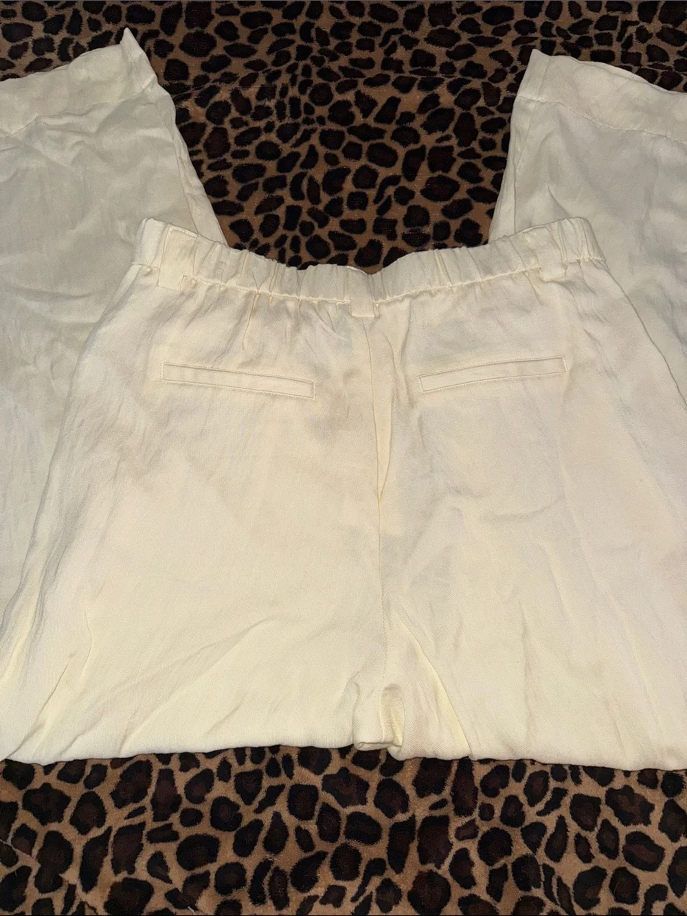 Light Cream Linen-Blend Trousers with Button Waist